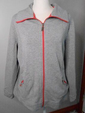 Karen Scott Sports Petite Gray Orange Trim Full Zip Long Sleeve Jacket Size-PL